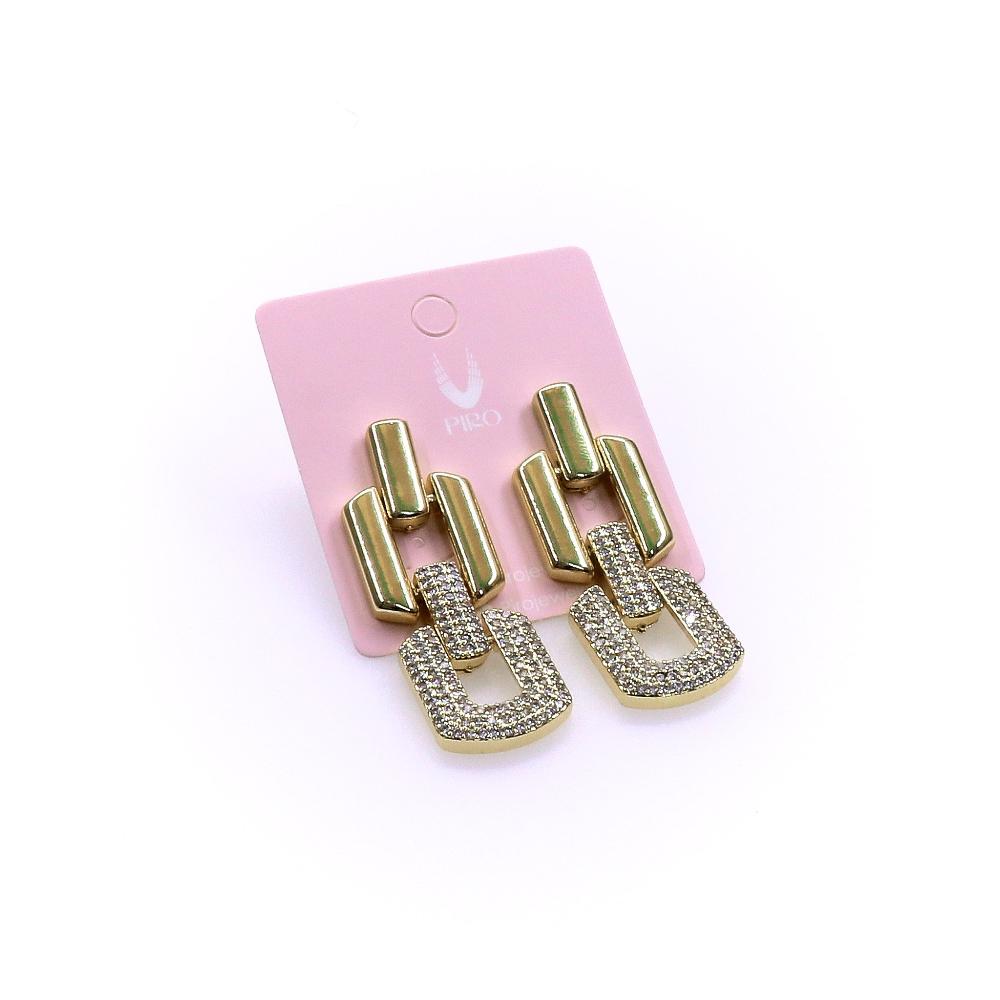Gold-tone geometric link FASHION STYLE EARRING with rhinestone accents on pink display card