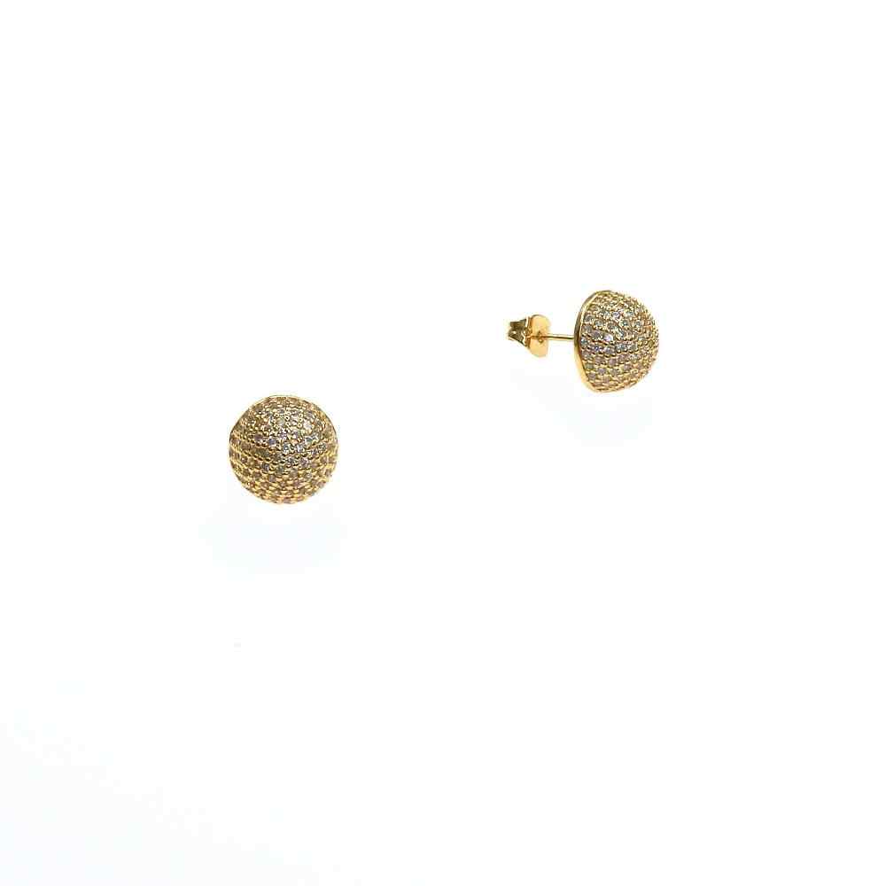 Pair of gold micro pave stud earrings with intricate detailing and subtle sparkle