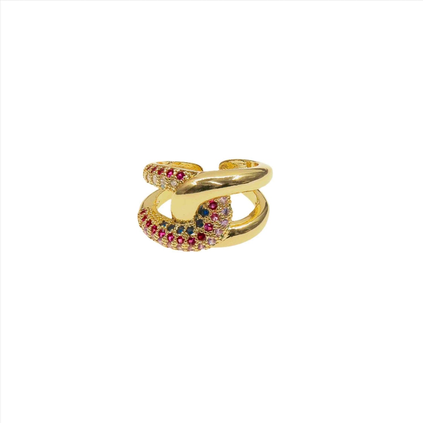 Adjustable gold chain link ring with colorful crystal accents and unique design