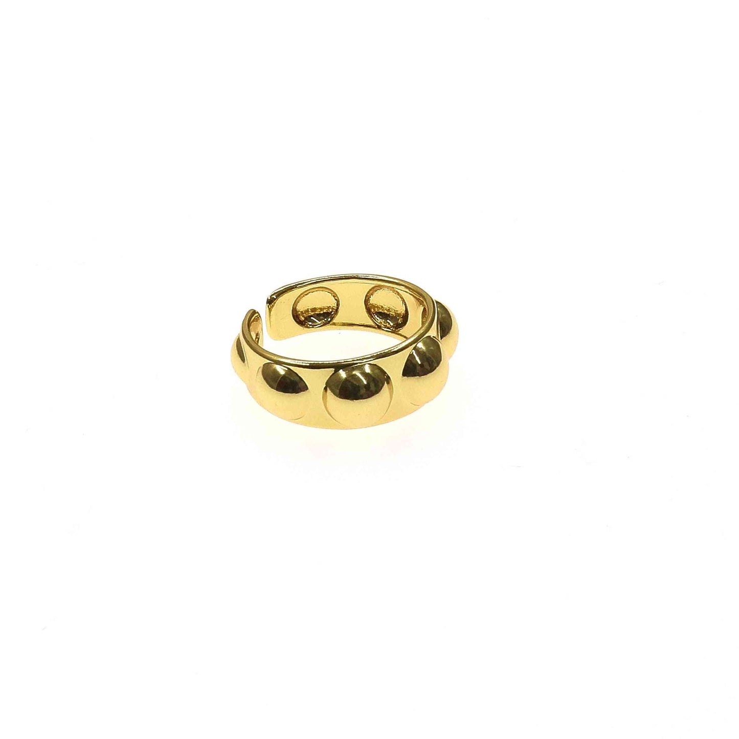 Adjustable gold ring with spherical design elements for elegant everyday wear