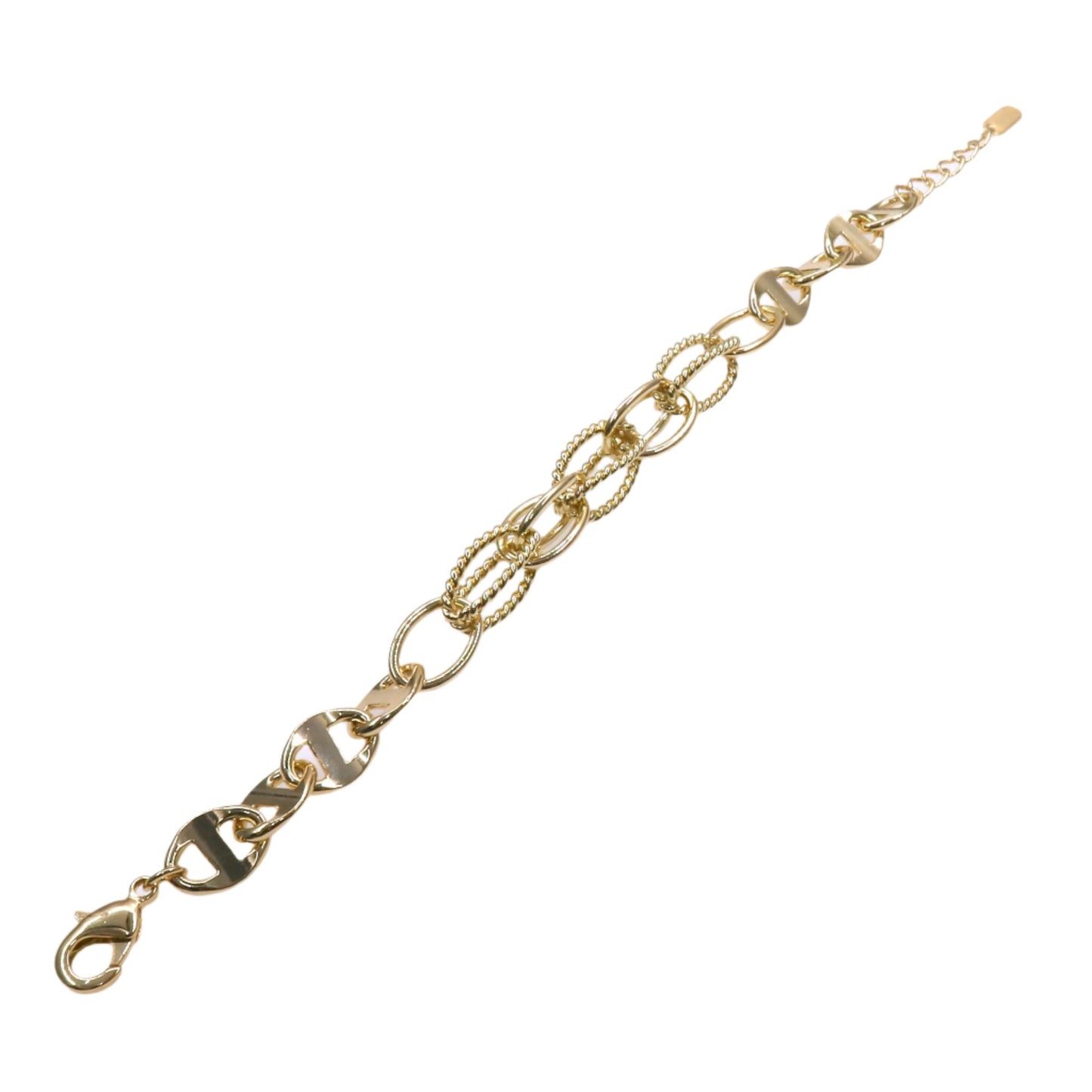 Golden mix links bracelet with varied link designs and lobster clasp closure
