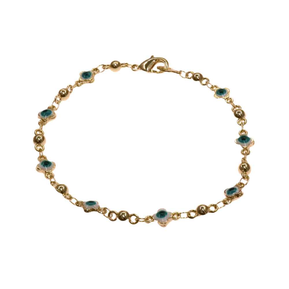 Golden bracelet with eye-shaped clover links featuring multi-color and white eye designs