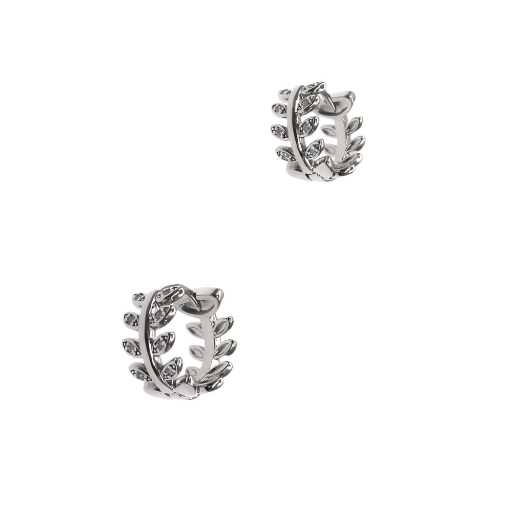Pair of silver LEAF HOOP design earrings with delicate zirconia accents