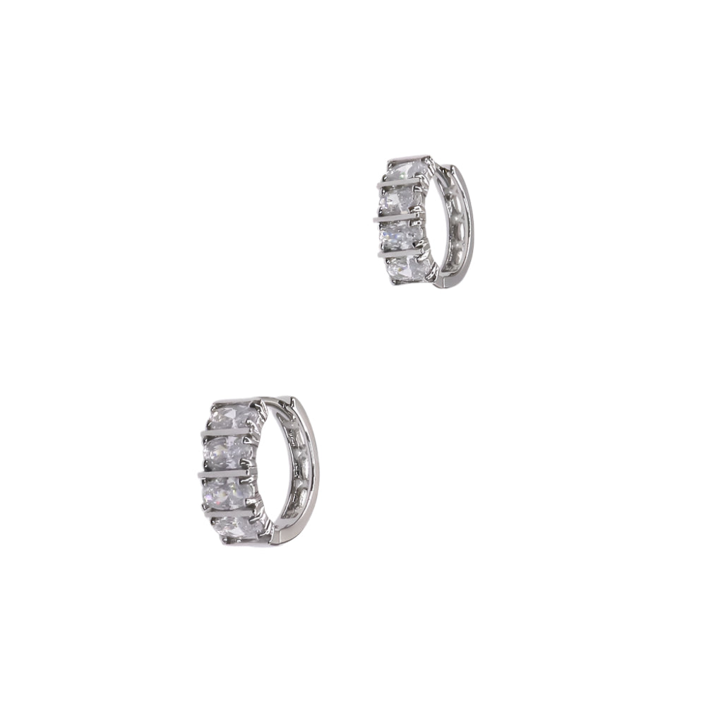 Silver baguette design huggie earrings with clear stones, elegant and stylish accessory