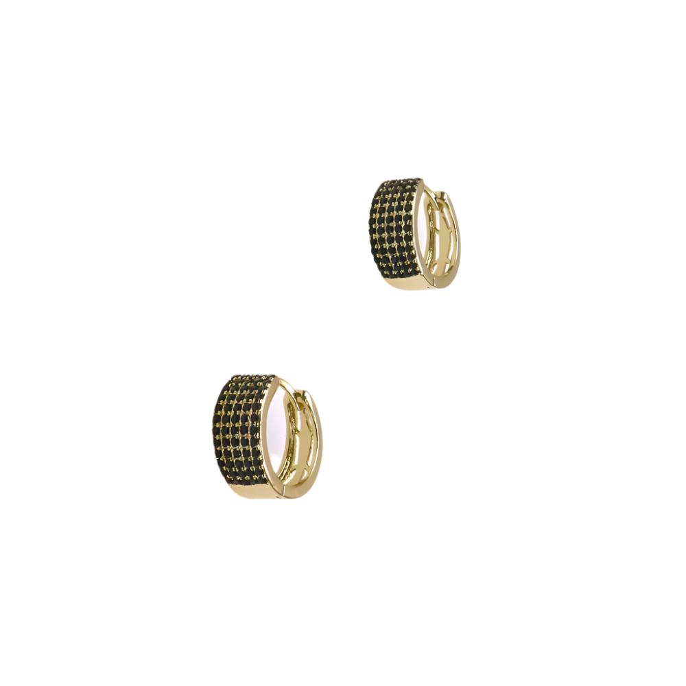 Pair of black mini pave huggie earrings with gold accents and sparkling black stones