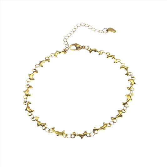 Gold dolphins anklet with playful design and adjustable chain for elegance and durability.