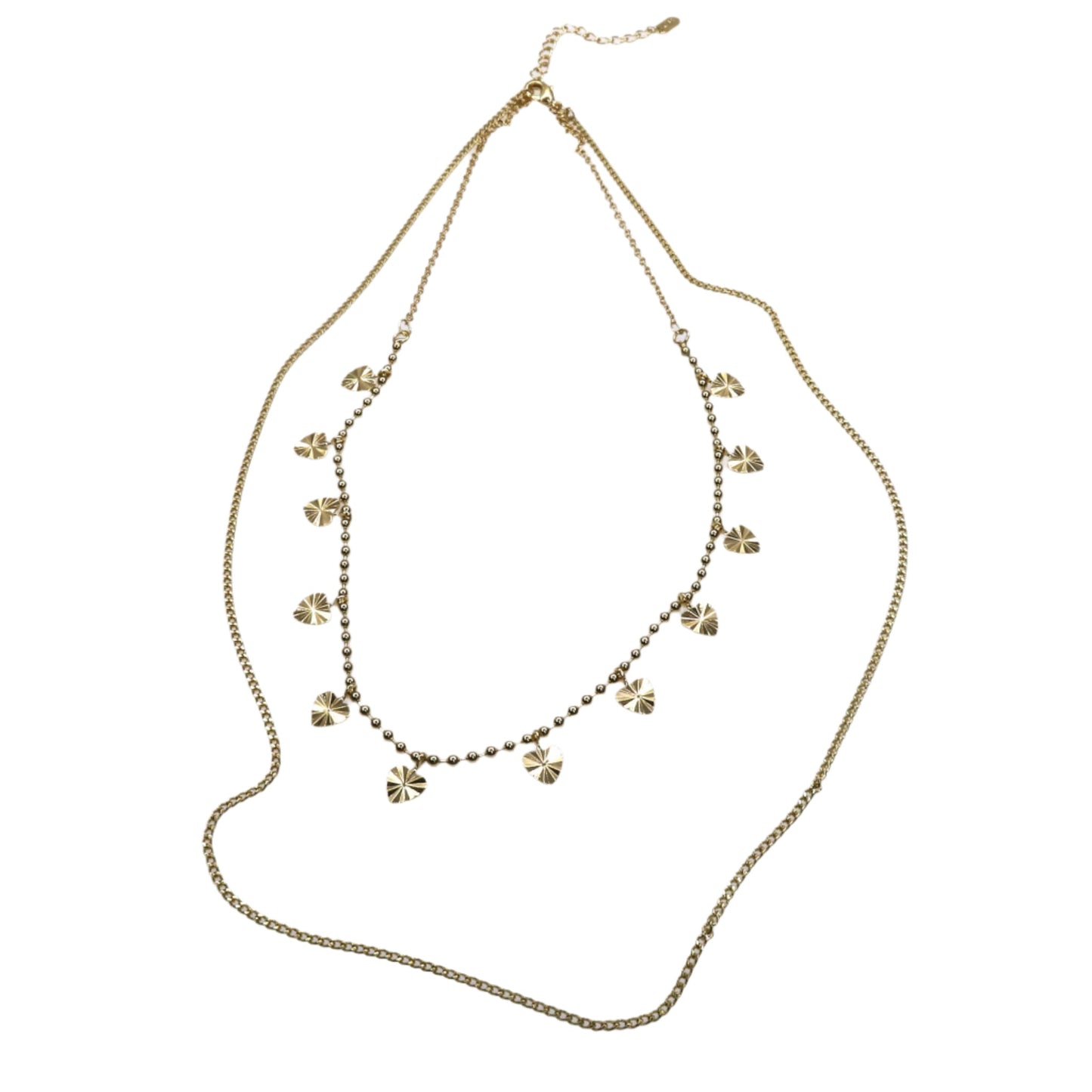 Delicate gold LOVE LAYERING CHAIN with small heart charms, perfect for layering and versatile styling