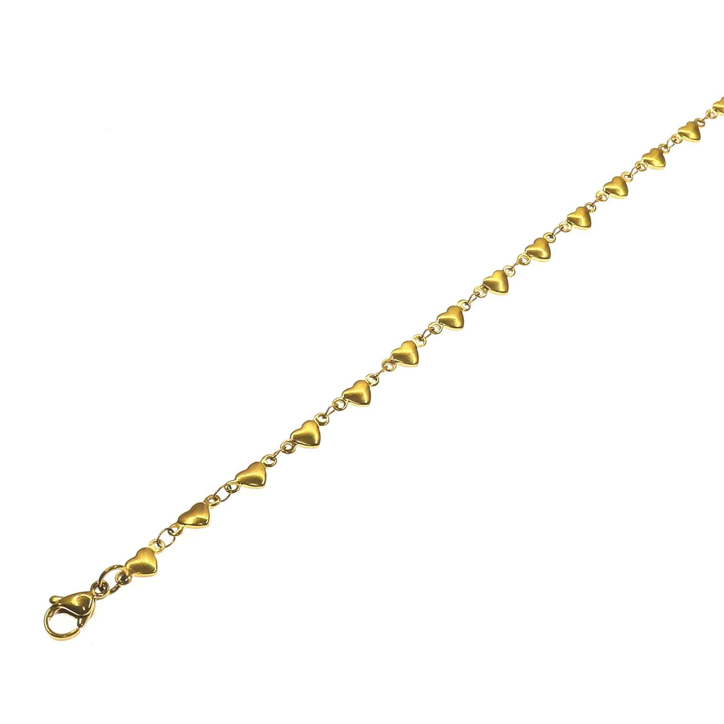 10-inch gold ankle bracelet with heart-shaped charms and lobster clasp