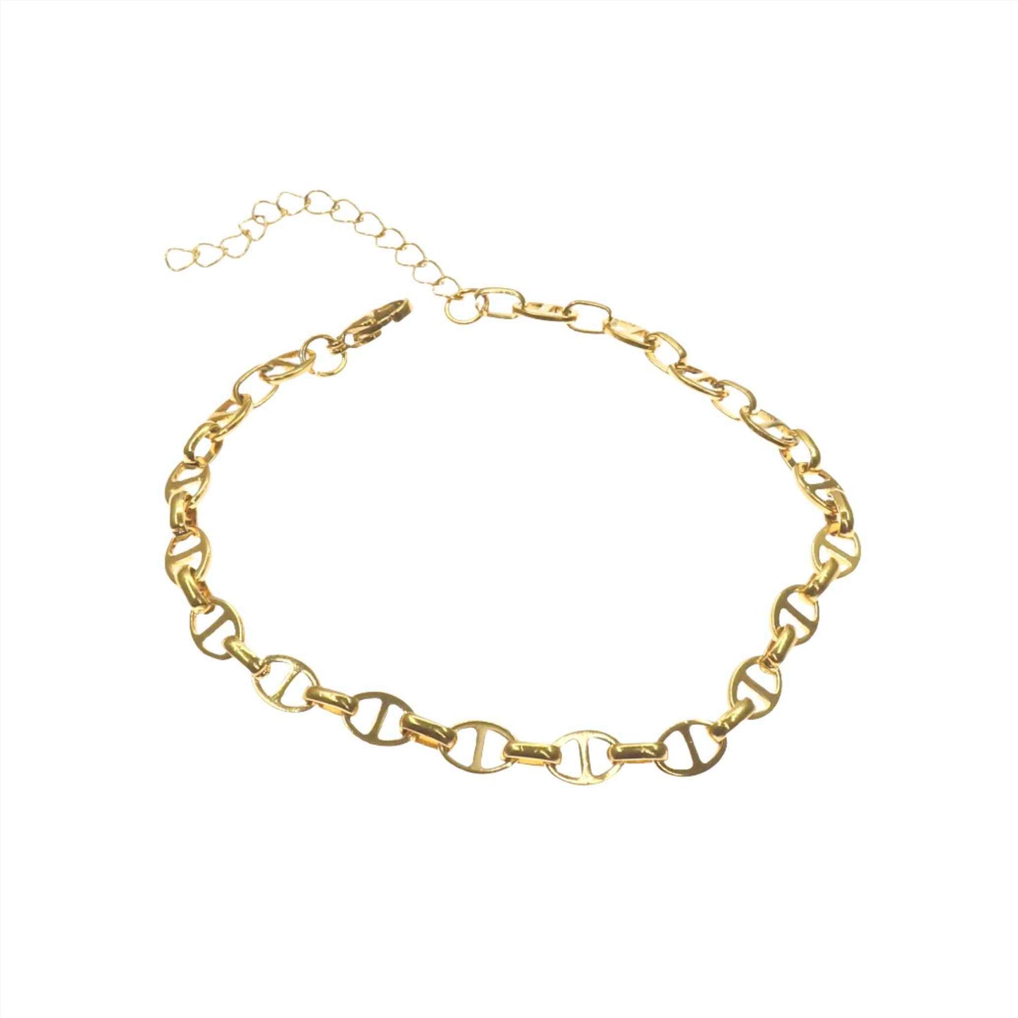 Gold oval Gucci style stainless steel anklet bracelet with adjustable chain, 11 inches long