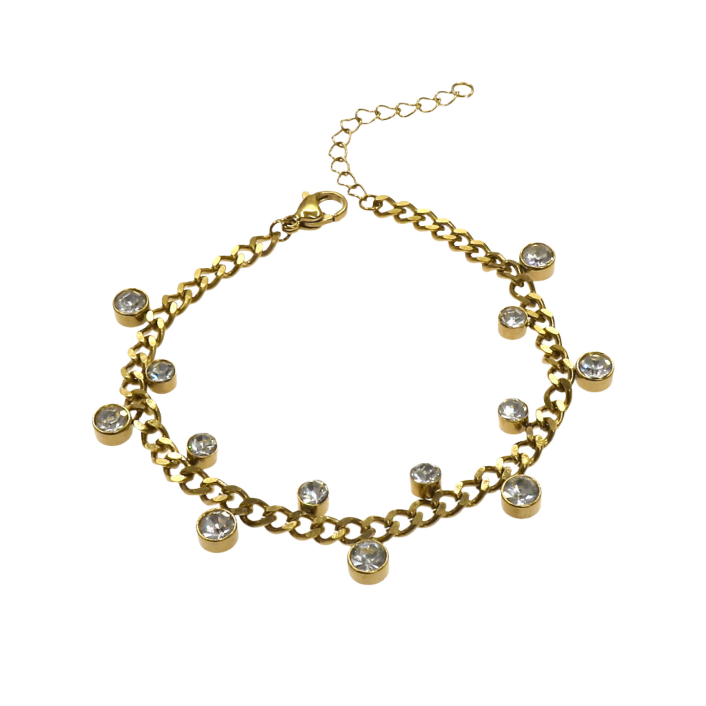 Gold Havana link bracelet with clear gemstone charms and adjustable clasp