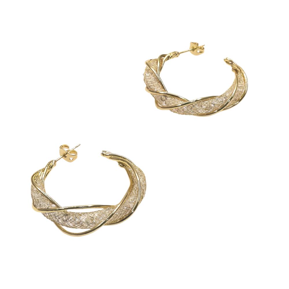 Gold twist crystal hoop earrings with intricate sparkling accents and elegant design