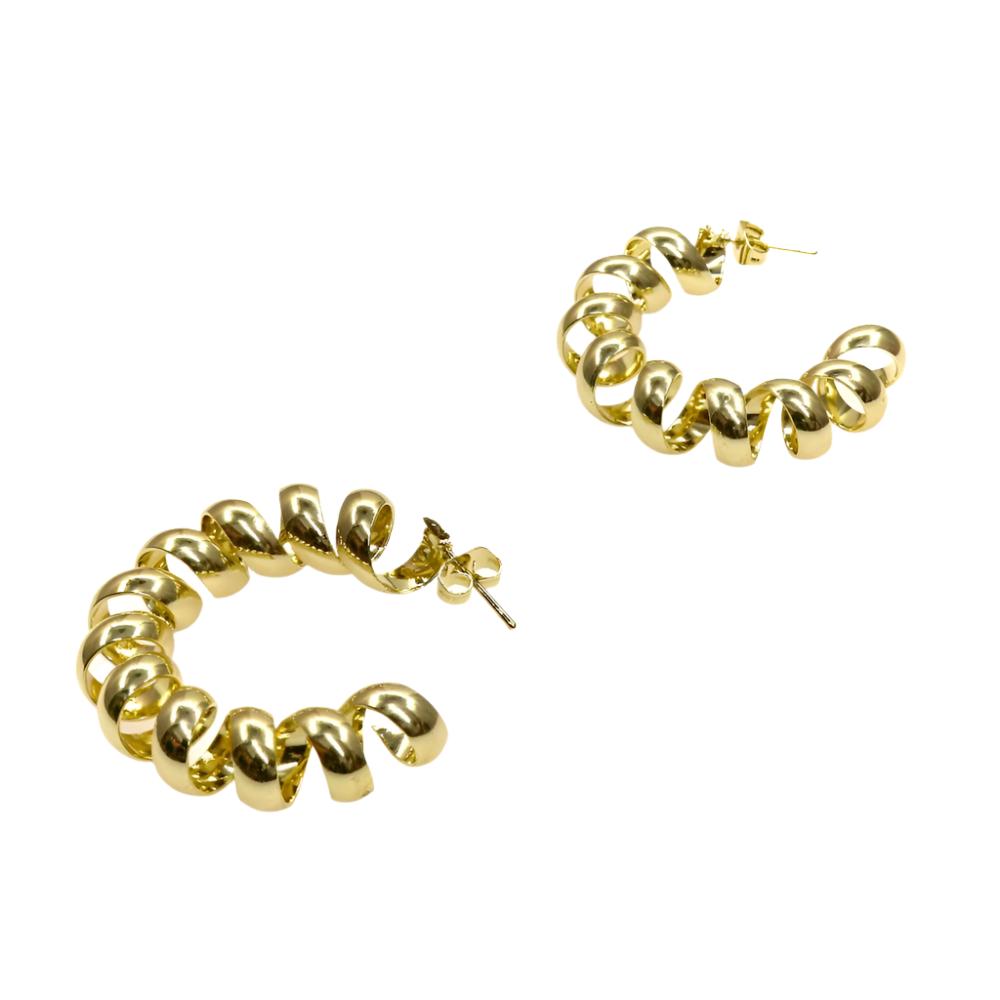 Pair of golden spring hoop earrings with a unique coiled design for elegant fashion statement