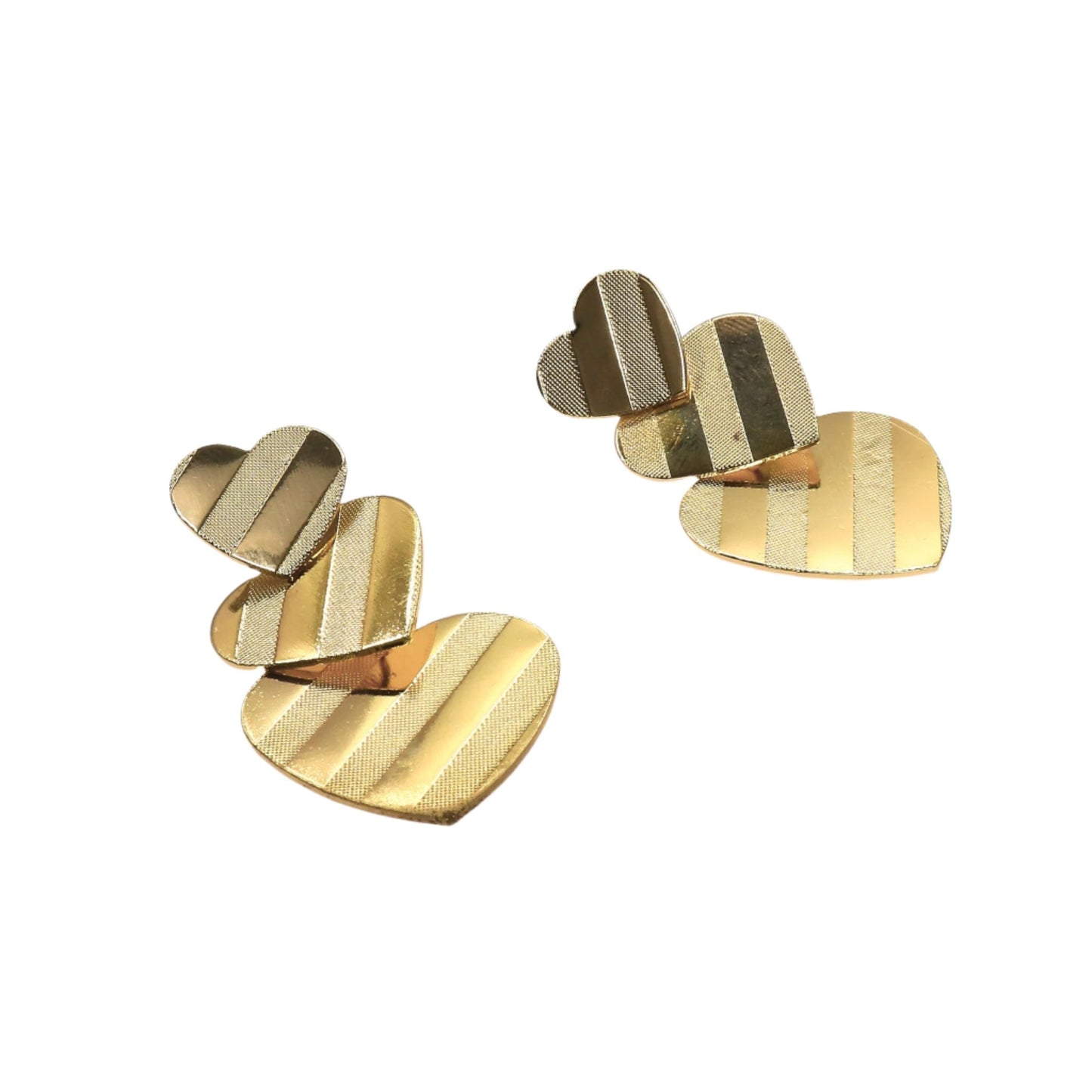 gold Long Love Earrings with three striped hearts in varying sizes
