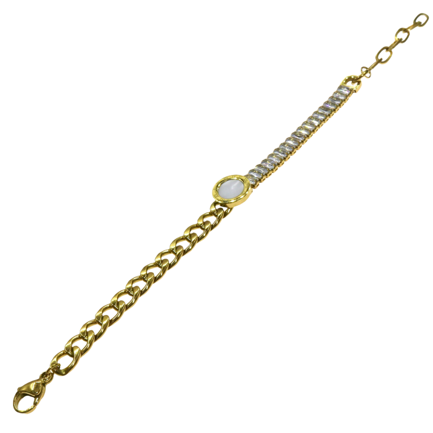 Gold mix chain bracelet with three different chain styles and a central round white accent