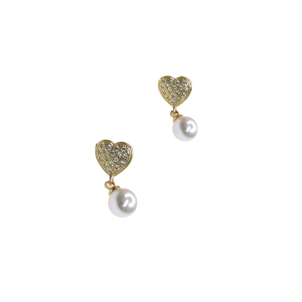 Gold heart-shaped LOVE STUD EARRING with small crystals and dangling white pearls