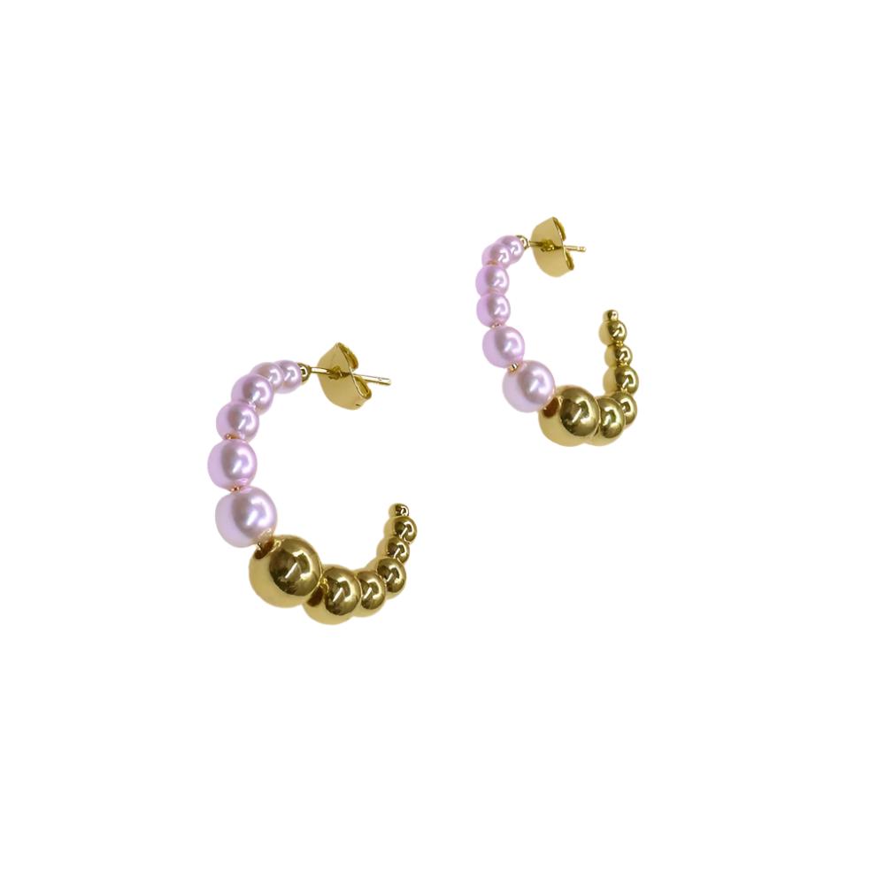 Pair of small hoop earrings featuring lustrous purple pearls and gold beads