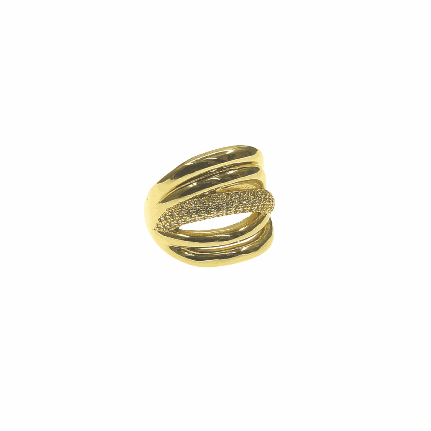 Fashion gold ring with adjustable sizing, featuring four solid lines and one crystal-decorated line.