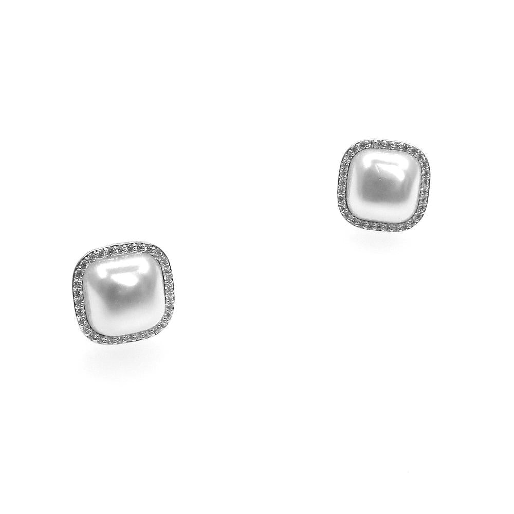 Square pearl stud earrings with diamond-like border for elegant and timeless style