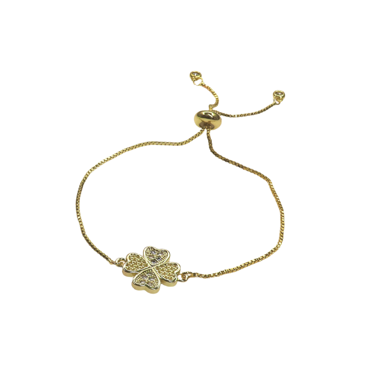 Golden clover slide bracelet with adjustable sliding clasp and delicate chain design