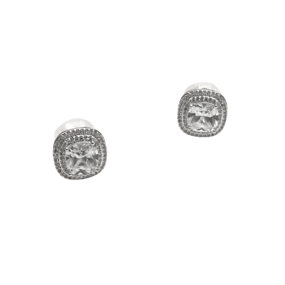 Pair of BIG ZIRCONIA stud earrings featuring large, clear zirconia gemstones with a sparkling halo setting
