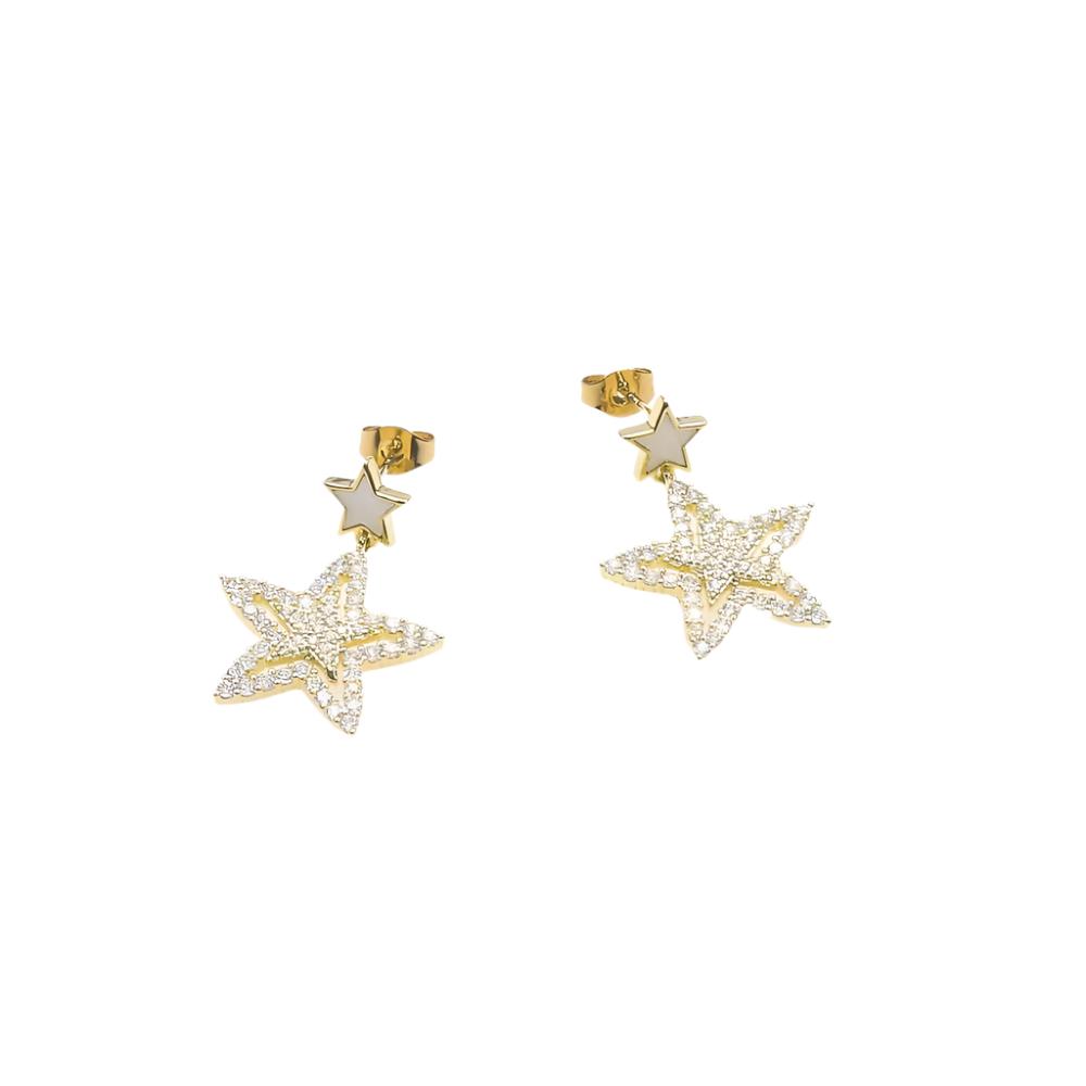 Golden star-shaped earrings with pave crystals and small star studs