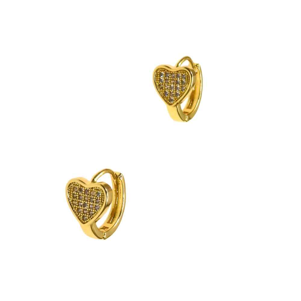 Gold heart-shaped pave huggie earrings with intricate detailing and a sleek design