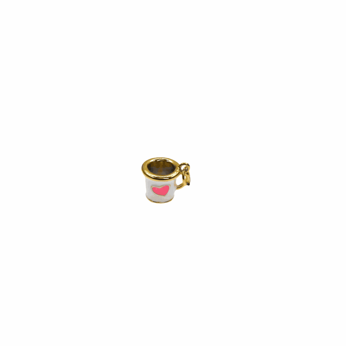 Small coffee cup charm with gold accents and a pink heart detail for bracelets or necklaces