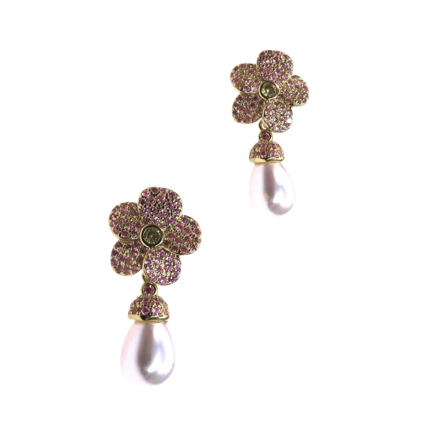 Elegant pink flower drop PINK FLOWER EARRING with pearl accents