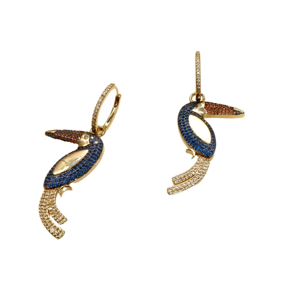 Gold TUCAN LONG EARRING with blue and orange gemstone detailing