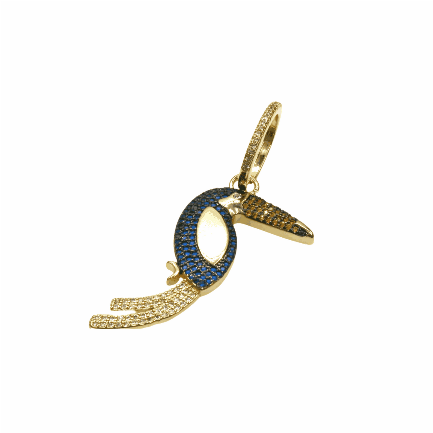 Gold toucan bird pendant TUCAN CHARM with blue and brown gemstone detailing