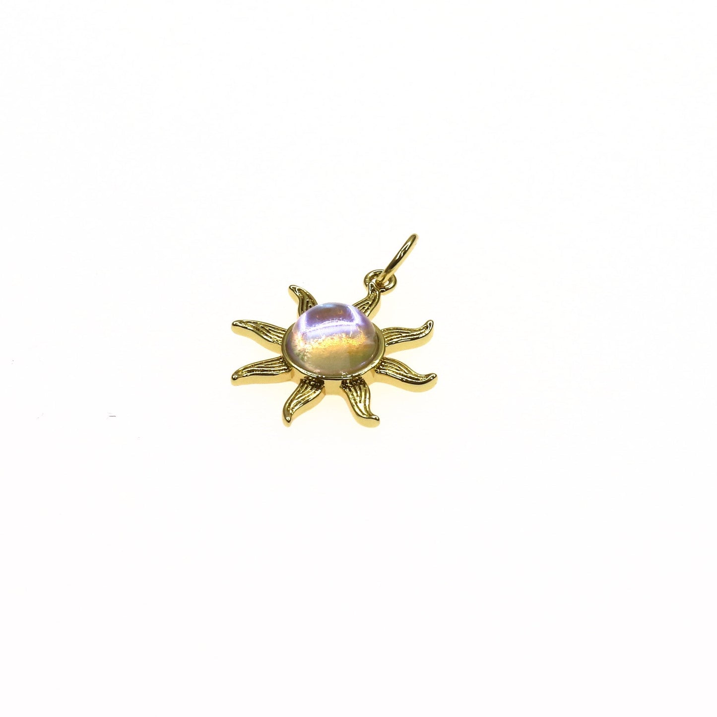Glass sun charm pendant with a golden sun design and a smooth glass center for jewelry accessories