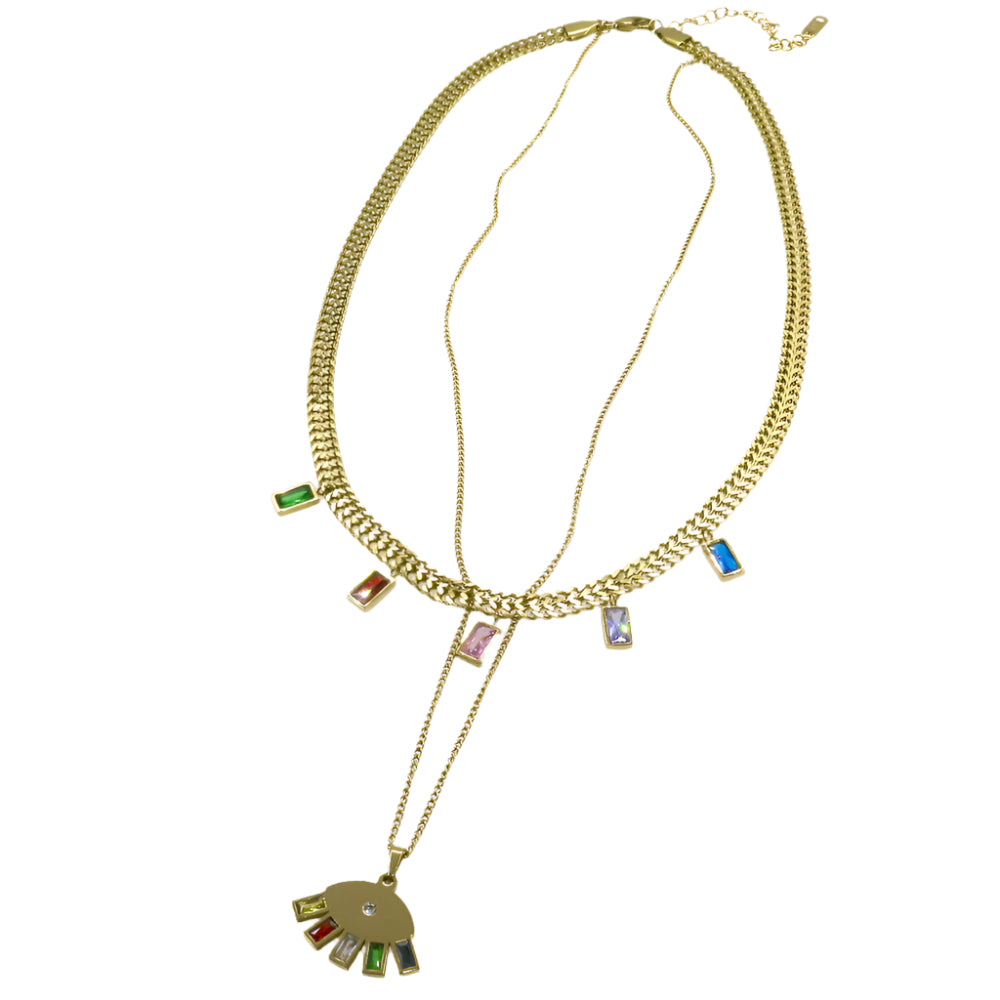 Gold layering chain necklace with delicate square multicolored stones for elegant styling