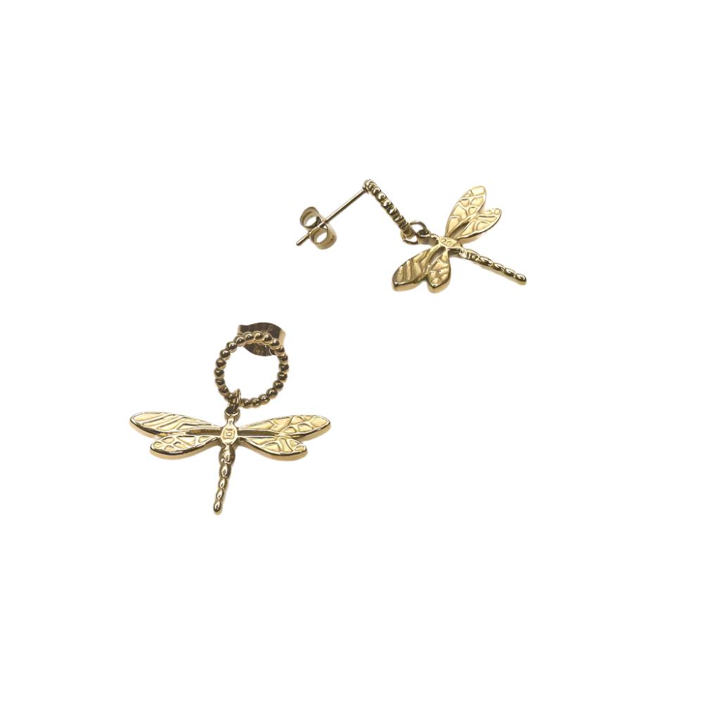 Gold dragonfly earrings with intricate wing detailing, elegant and delicate design.