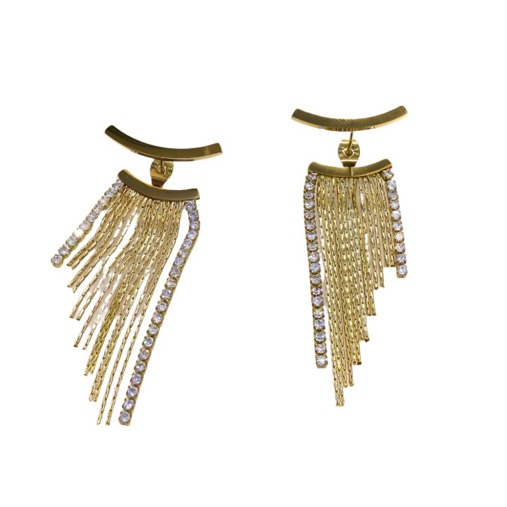 Pair of LONG EARRING with cascading chains and embedded crystals for a bold and glamorous look