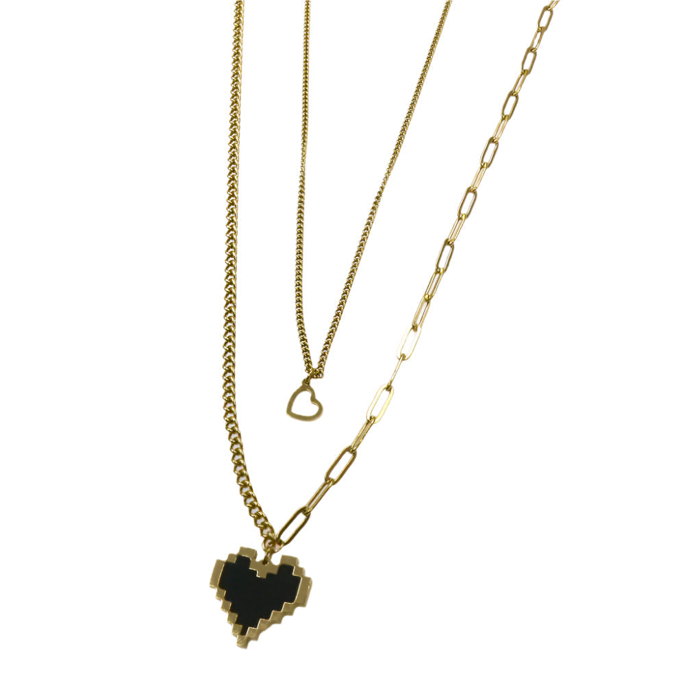 Gold layered chain necklace with black pixelated heart Tetris charm and small gold heart charm
