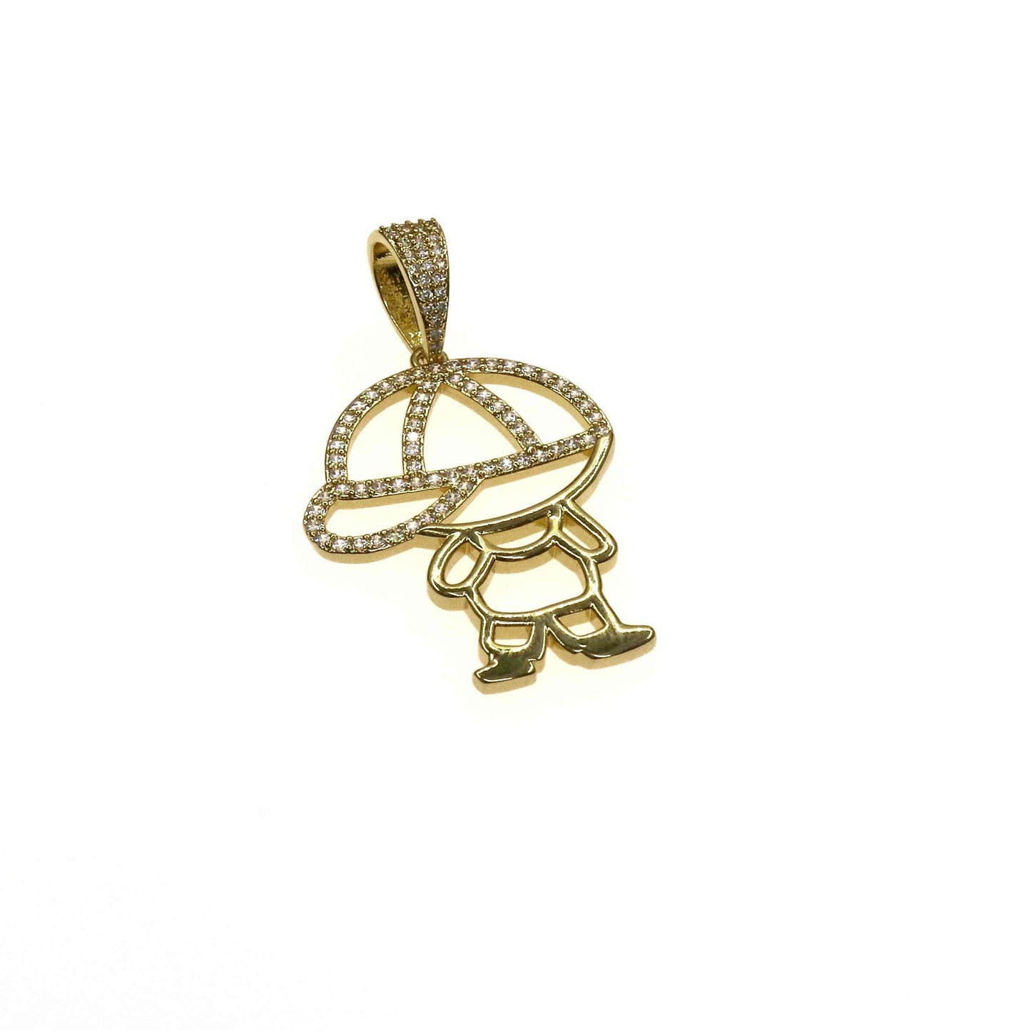 Gold crystal-studded kids charm pendant shaped like a child wearing a hat