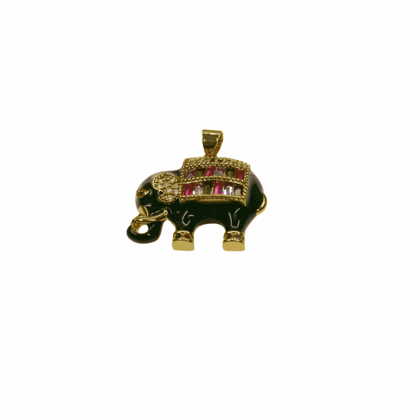 Black elephant charm pendant with pave crystal detailing and gold accents