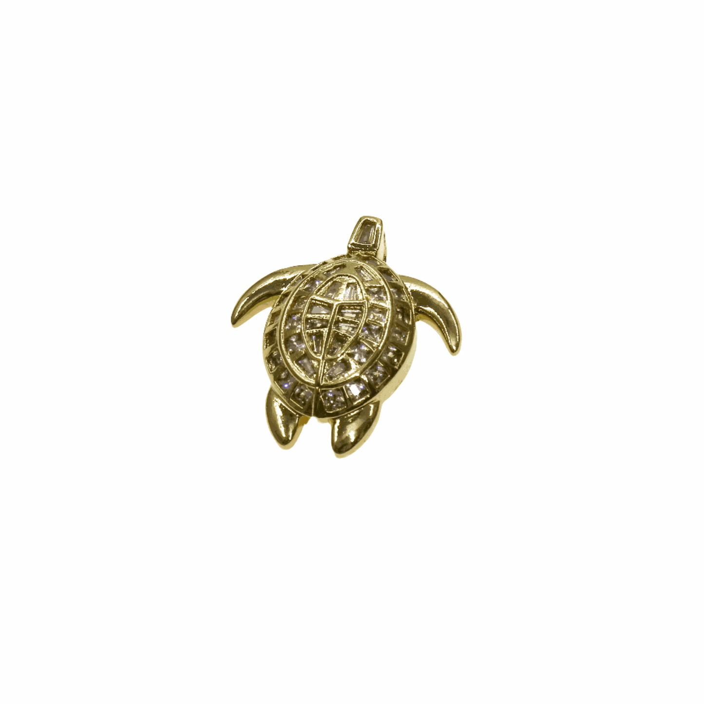 Gold turtle-shaped charm with intricate shell detailing and a small loop for attaching to jewelry