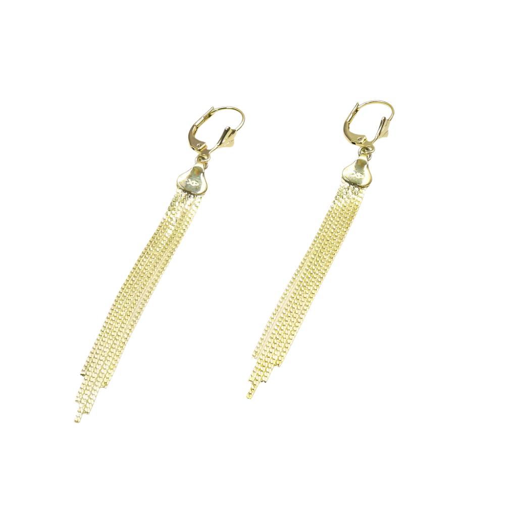 Long gold chain tassel earrings with heart detail and leverback clasp, elegant rain earring design