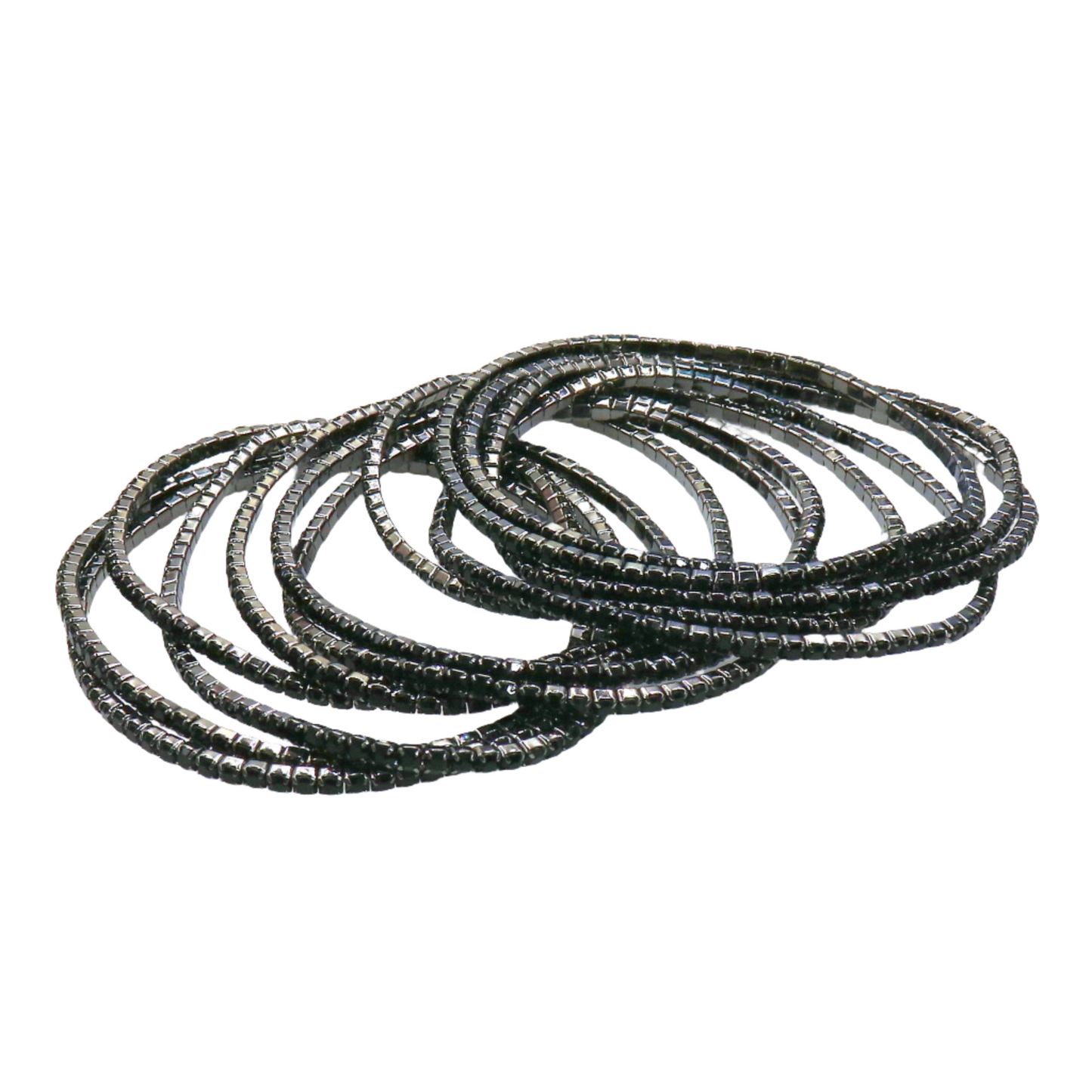 Black strass colors bracelet with ten sparkling lines in a coiled design.