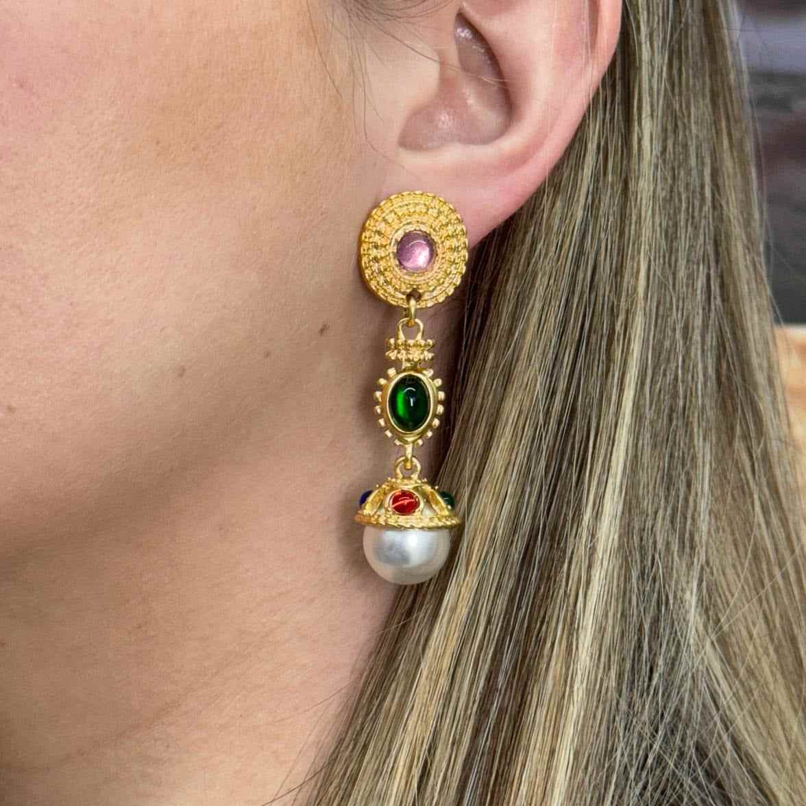 14k gold-filled Majestad vintage-style earrings with colorful gemstones and pearl drop on woman's ear