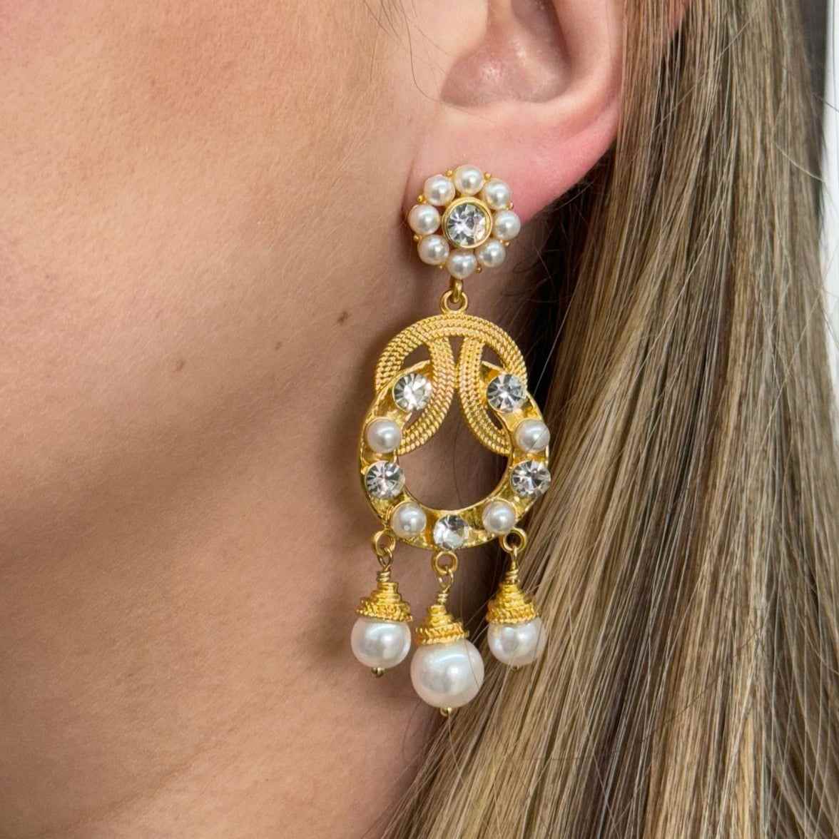 Elegant MADAME EARRING in gold, featuring pearl accents and crystal embellishments.