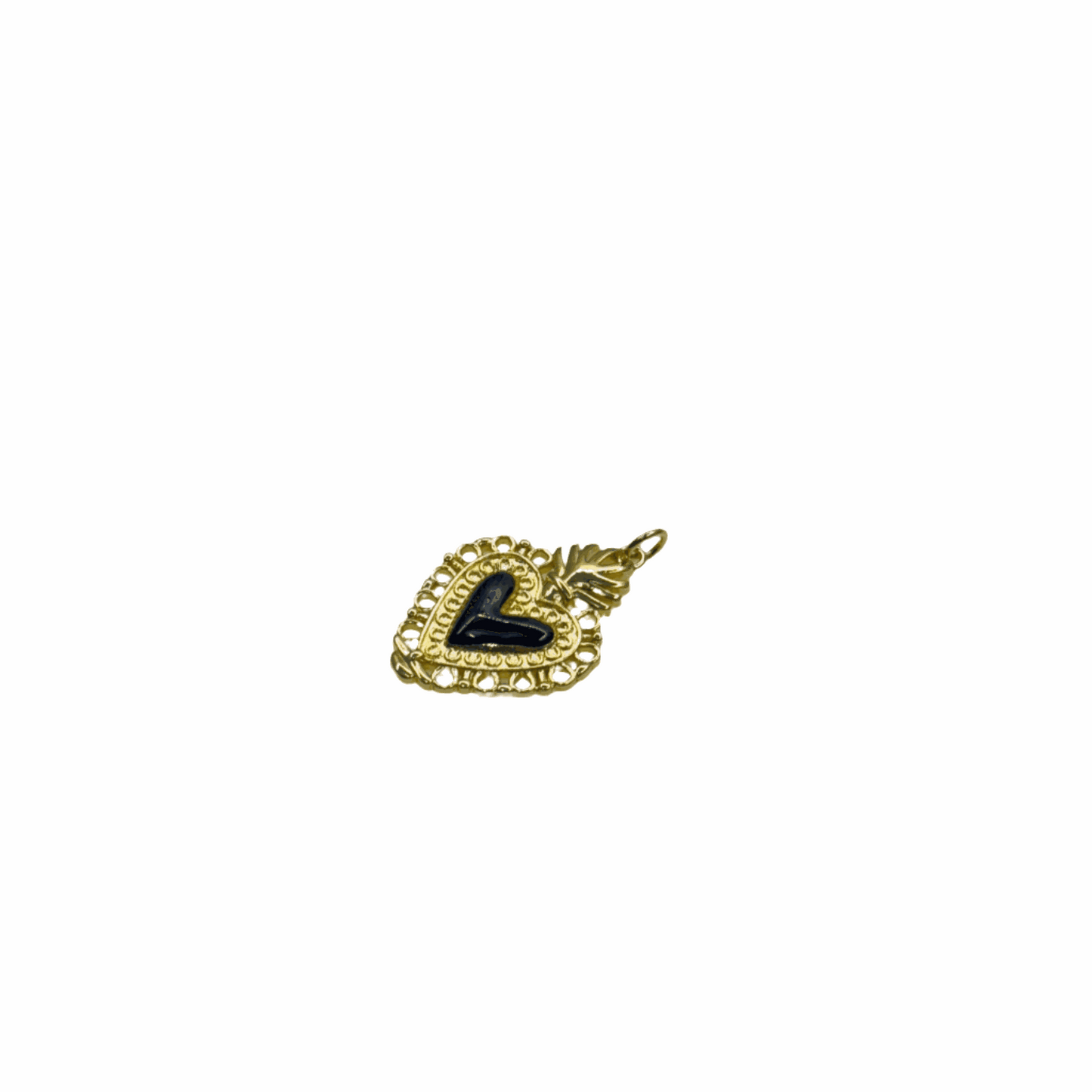 Gold crown-shaped queen charm with a black painted heart center, 2cm by 3cm.