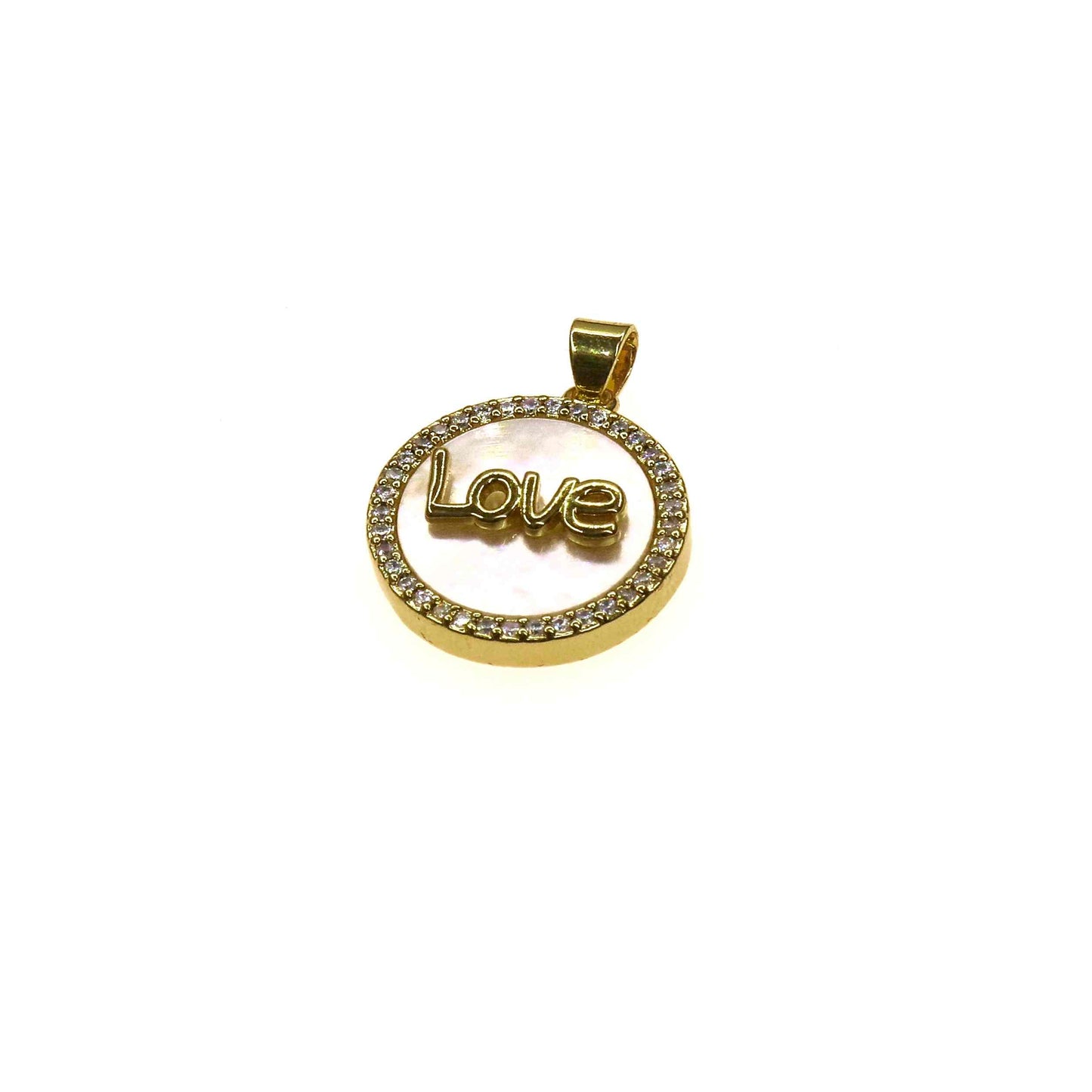 Delicate SMALL MEDAL LOVE pendant with natural shell and gold "LOVE" lettering surrounded by rhinestones