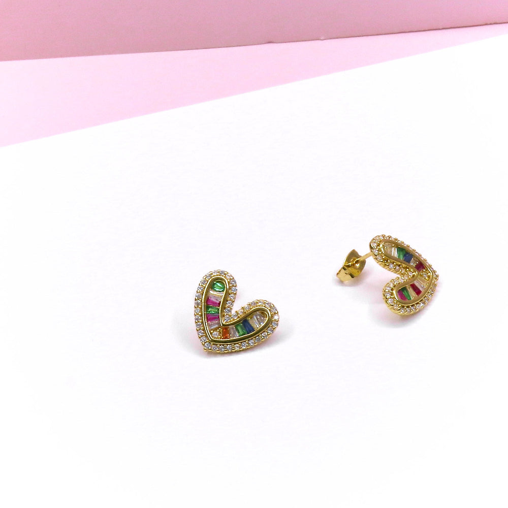 Gold heart-shaped earrings with multicolored rainbow stones and rhinestone border