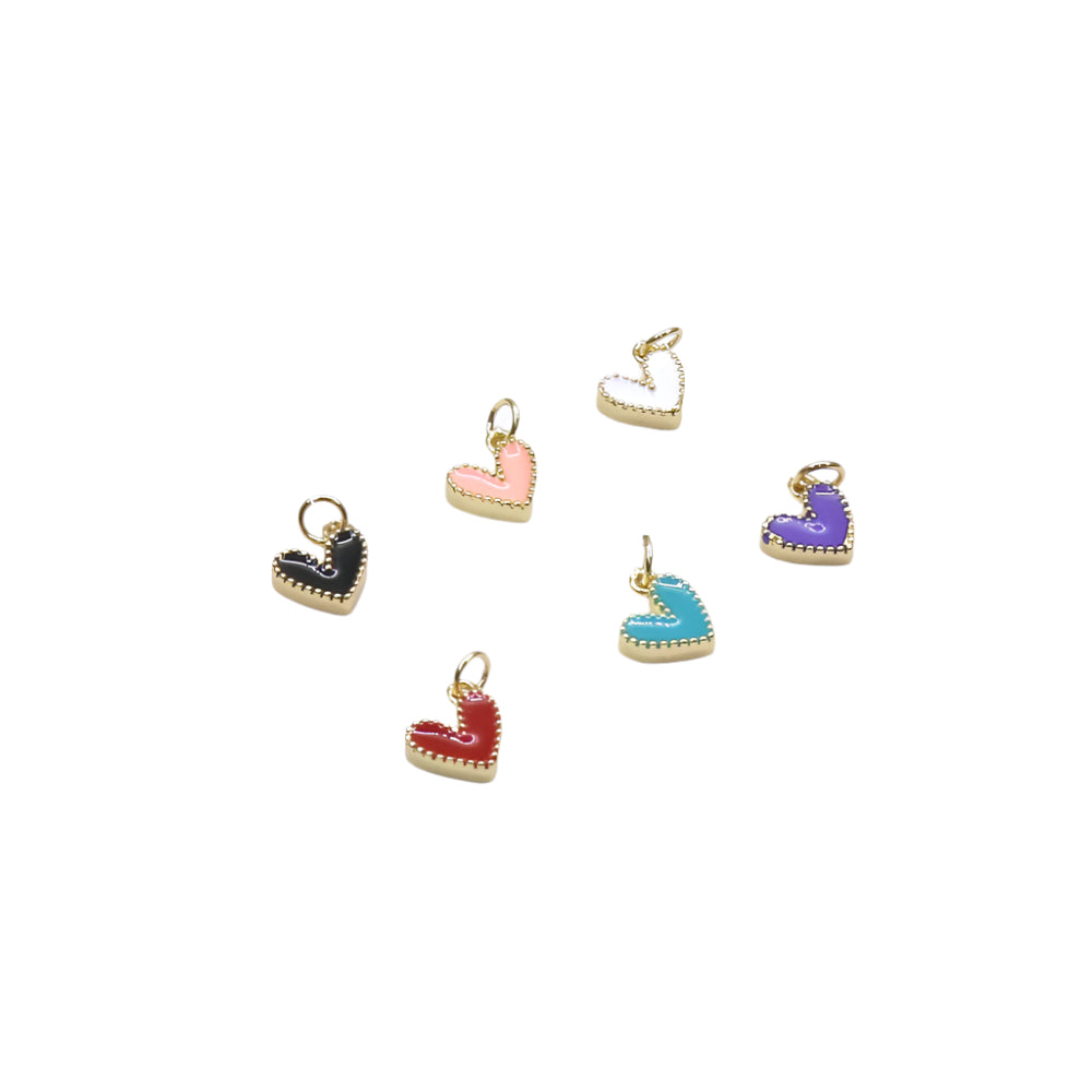 Set of six mini heart-shaped charms in various colors with gold-tone edges and loops for jewelry making