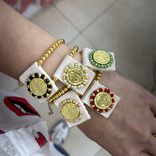 Slider bead SAN BENITO BRACELET with gold charm and colorful beaded accents on wrist