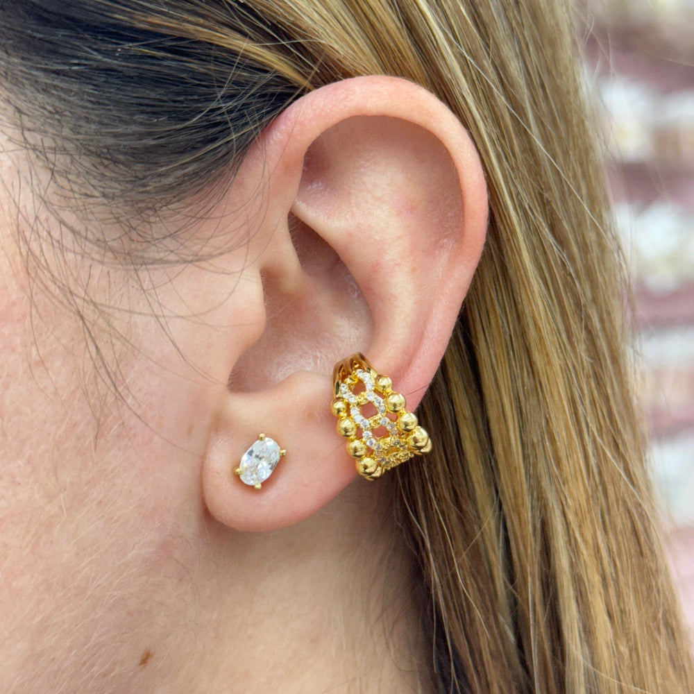 gold-filled beads pave cuff earcuff in silver and gold tones on ear without piercing