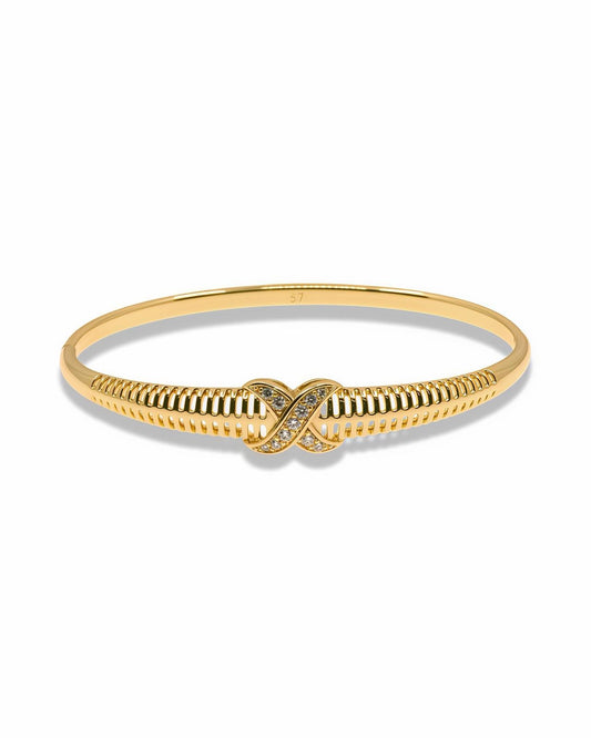 GOLD PAVE CZ X BANGLE BRACELET - FISHBONE TEXTURE SNAP CLOSURE CUFF