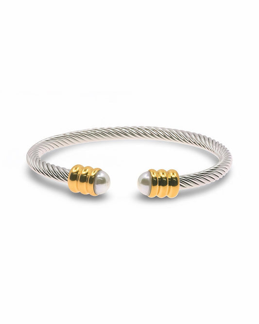PEARL TIP CABLE BRACELET - OPEN CUFF GOLD & TWO TONE DESIGN